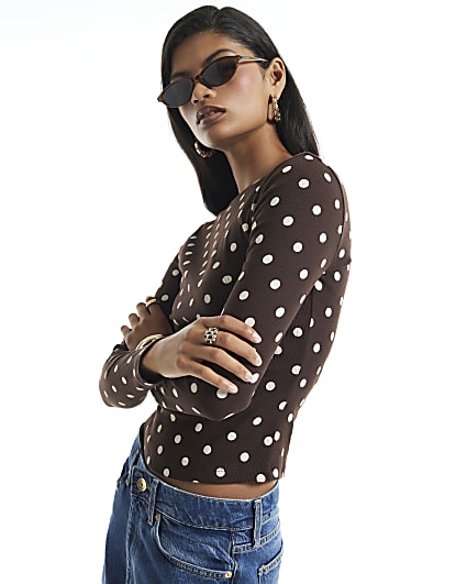 Brown Crew Neck Polka Dot Top