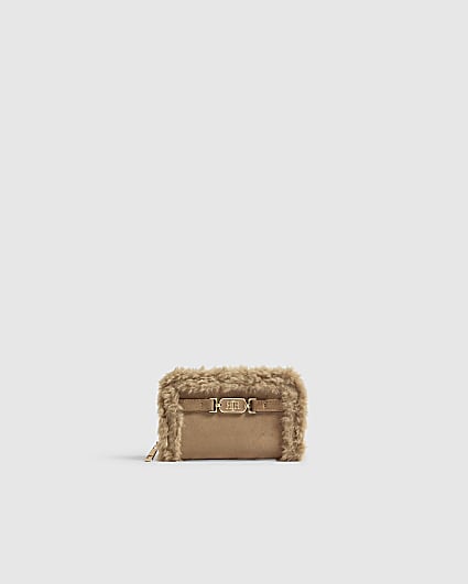 Beige Borg Trim Zip Around Purse