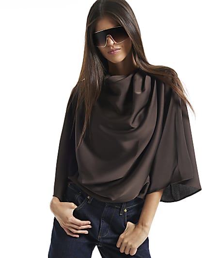 Brown Asymmetric Draped Top