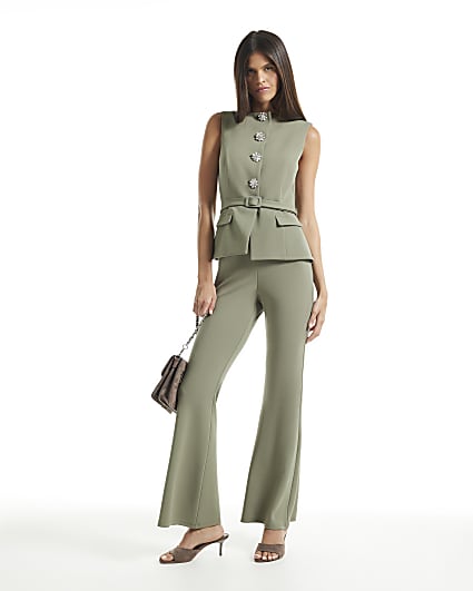 Green Sleeveless Diamante Button Jumpsuit