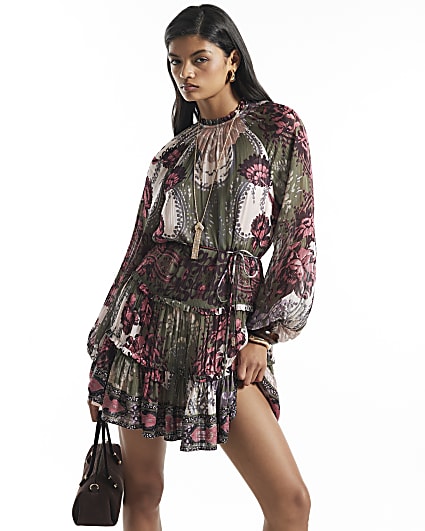 Khaki Floral Tie Belt Dress