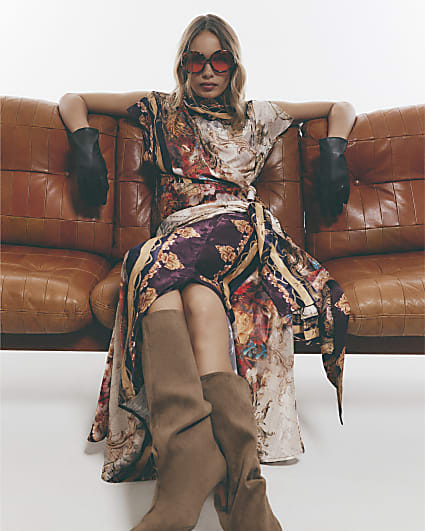 Brown Floral Scarf Asymmetric Midi Skirt