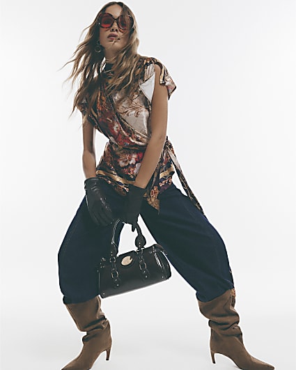 Brown - Dark Atlas Floral Scarf Detail Top