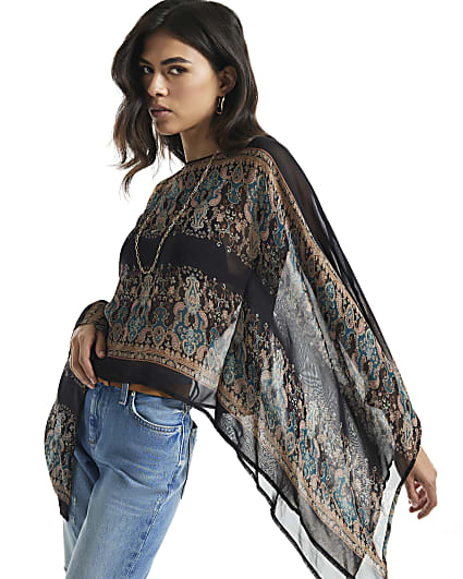 Black Paisley Sheer Batwing Top