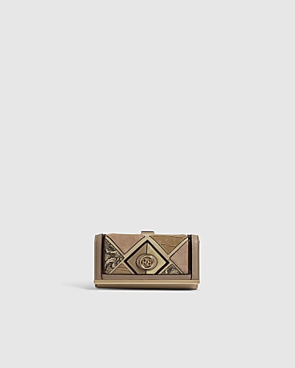Beige Geometric Panelled Cliptop Purse