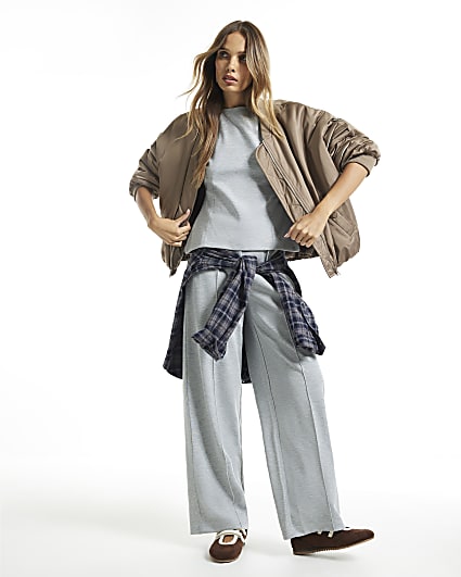 Grey Interlock Wide Leg Trousers