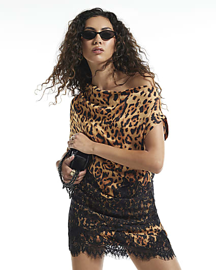 Brown Leopard Print Asymmetric Lace Hem Top
