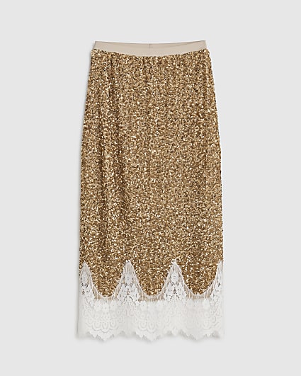 Petite Gold Sequin Lace Trim Maxi Skirt