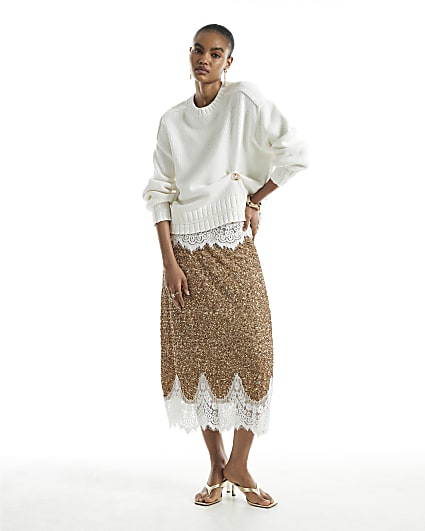 Gold Sequin Lace Trim Maxi Skirt