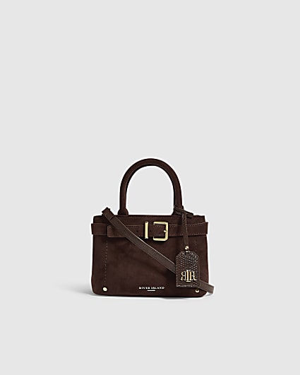 Brown Faux Suede Belt Front Mini Tote Bag