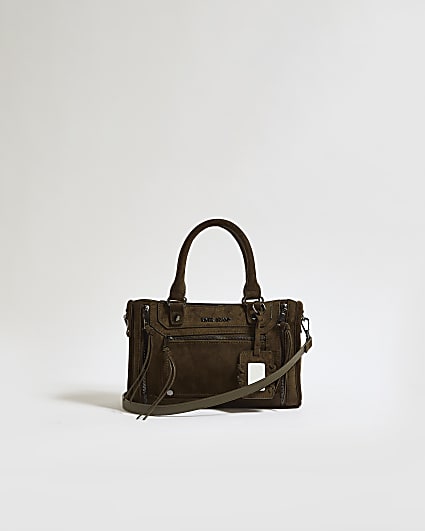 Khaki Faux Suede Zip Panel Tote Bag