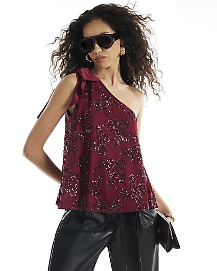 Burgundy Sequin One Shoulder Bow Top