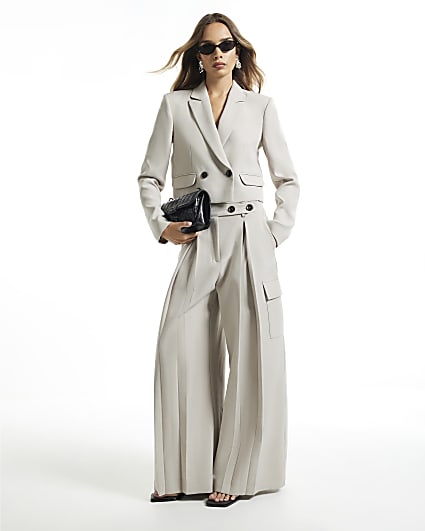 Beige Pocket Wide Leg Tailored Trousers
