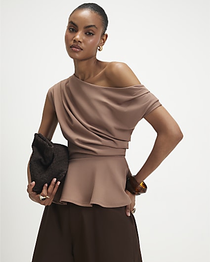 Brown Drape Peplum Top