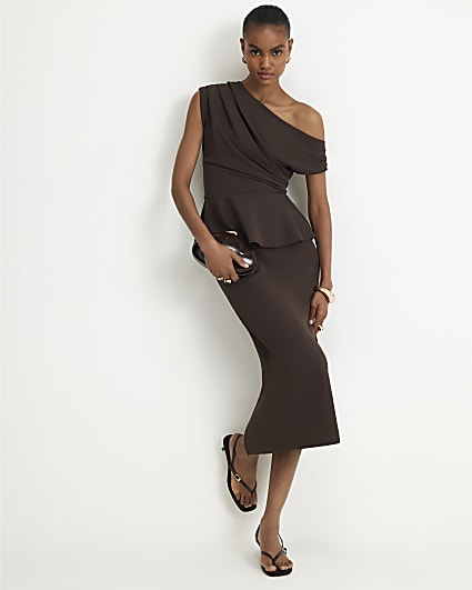 Brown Peplum Midi Dress