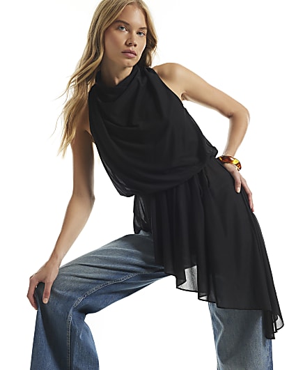 Black Halter Neck Asymmetric Hem Top