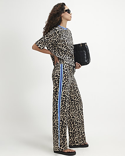 Brown Premium Leopard Print Wide Leg Trousers