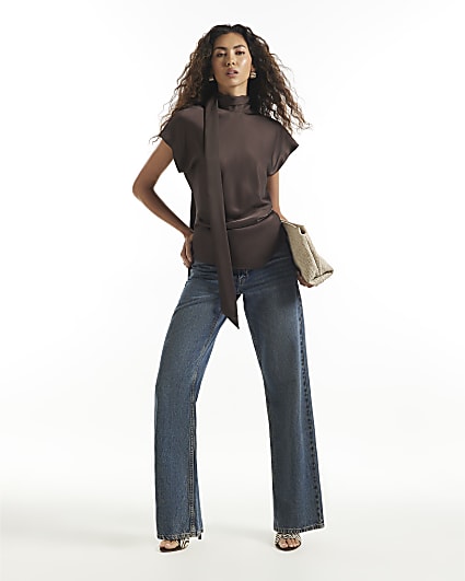 Brown Satin Tie Neck Sleeveless Blouse