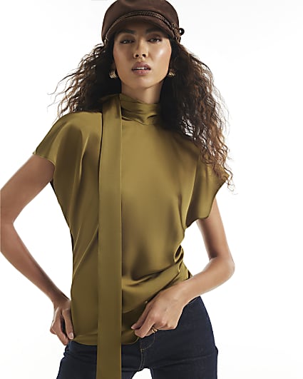 Khaki Satin Tie Neck Sleeveless Blouse