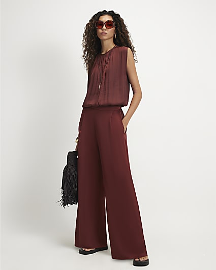 Brown Satin Wide Leg Trousers