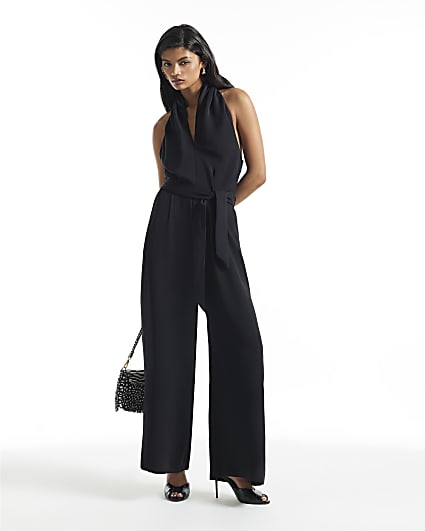Black Halter Neck Belted Jumpsuit