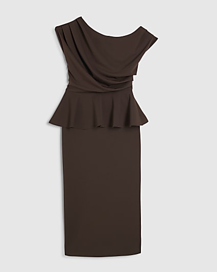 Petite Brown Peplum Midi Dress