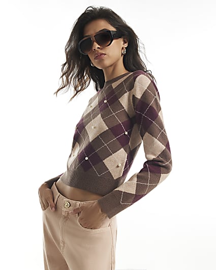 Brown Argyle Pearl Embellished Jumper