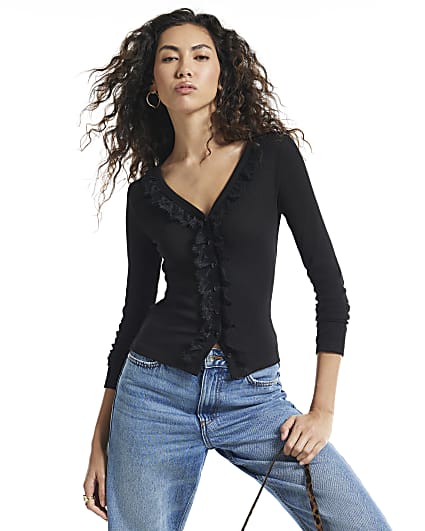 Black Ribbed Lace Trim Cardigan