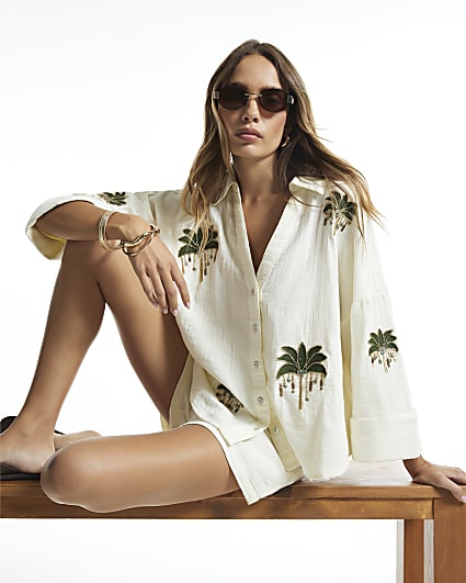 Cream Palm Tree Embellished Shirt
