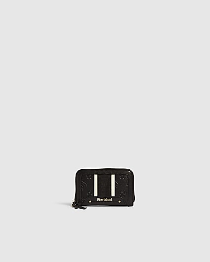 Black Medium Webbing Panelled Ziparound Purse