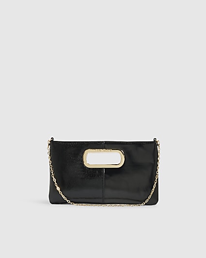Black Panelled Metal Handle Clutch Bag