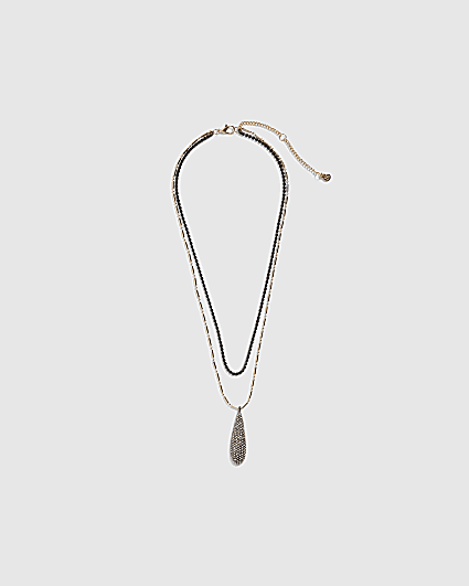 Gold Pave Tear Drop Layered Pendant Necklace