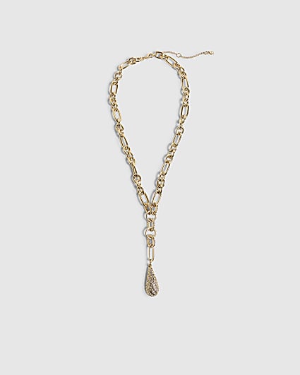 Gold Pave Tear Drop Lariat Necklace