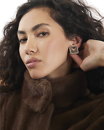 Gold Crystal Square Stud Earrings