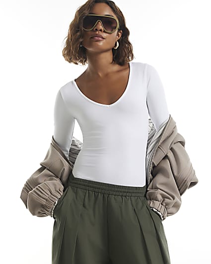 White V Neck Cotton Blend Bodysuit