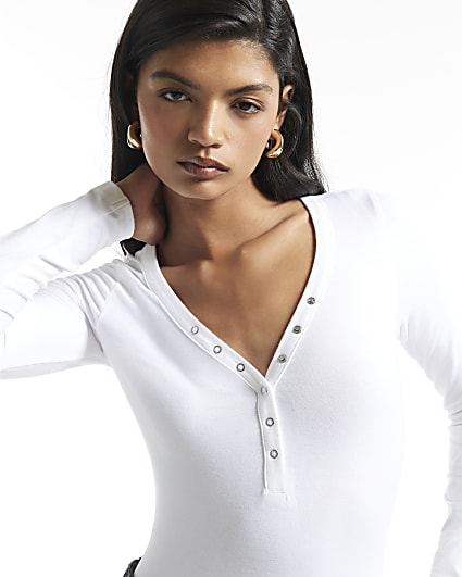 White Long Sleeve Henley Bodysuit