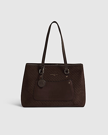 Brown Faux Suede Pocket Front Tote Bag