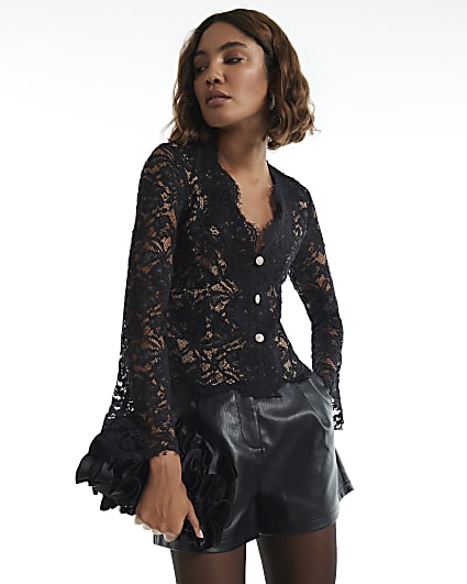 Black Diamante Button Lace Top