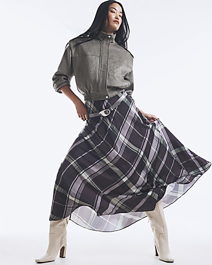 Purple Satin Check Print Midi Skirt