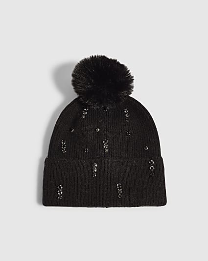 Black Knit Embellished Pom Beanie