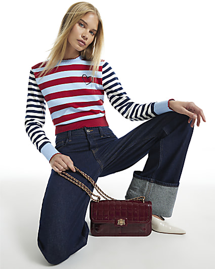 Navy Stripe Knit Long Sleeve Colour Block Top