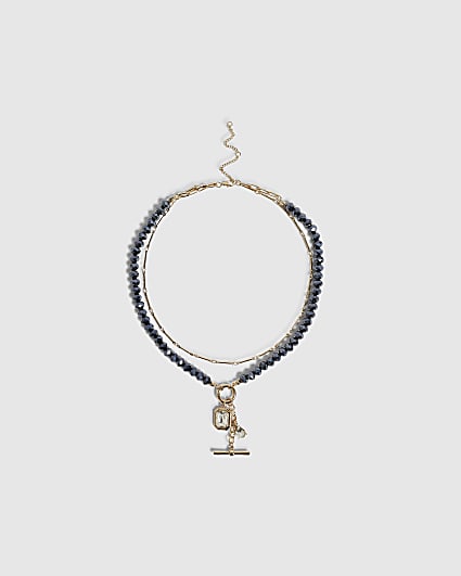 Blue Gold Midnight Beaded T Bar Necklace