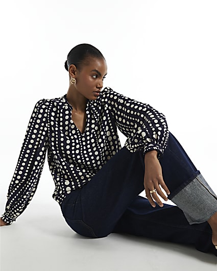 Black Polka Dot V Neck Long Sleeve Blouse