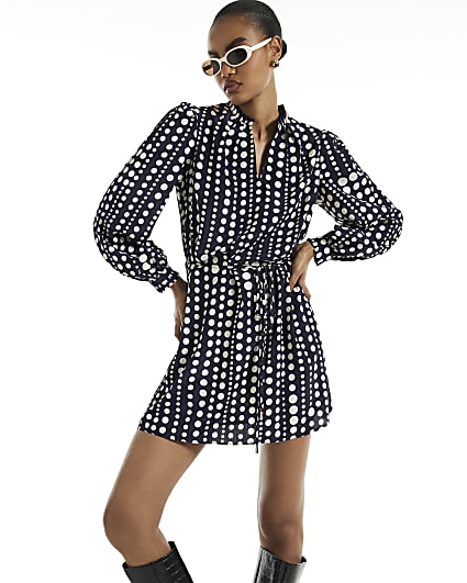 Black Polkadot Print Tie Waist Dress