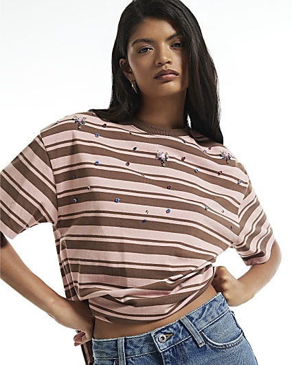 Brown Cotton Diamante Stripe T-Shirt