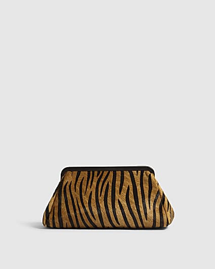 Brown Animal Print Hair On Leather Clutch Bag