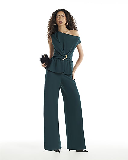 Green One Shoulder Buckle Detail Jumpsuit