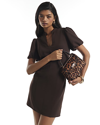 Brown Plunge Neck Puff Sleeve Mini Dress