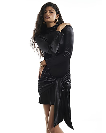 Black Velvet Tie Detail Mini Dress