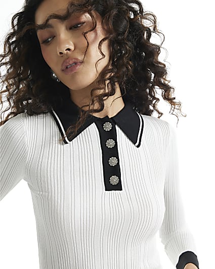 Cream Diamante Blocked Polo Top